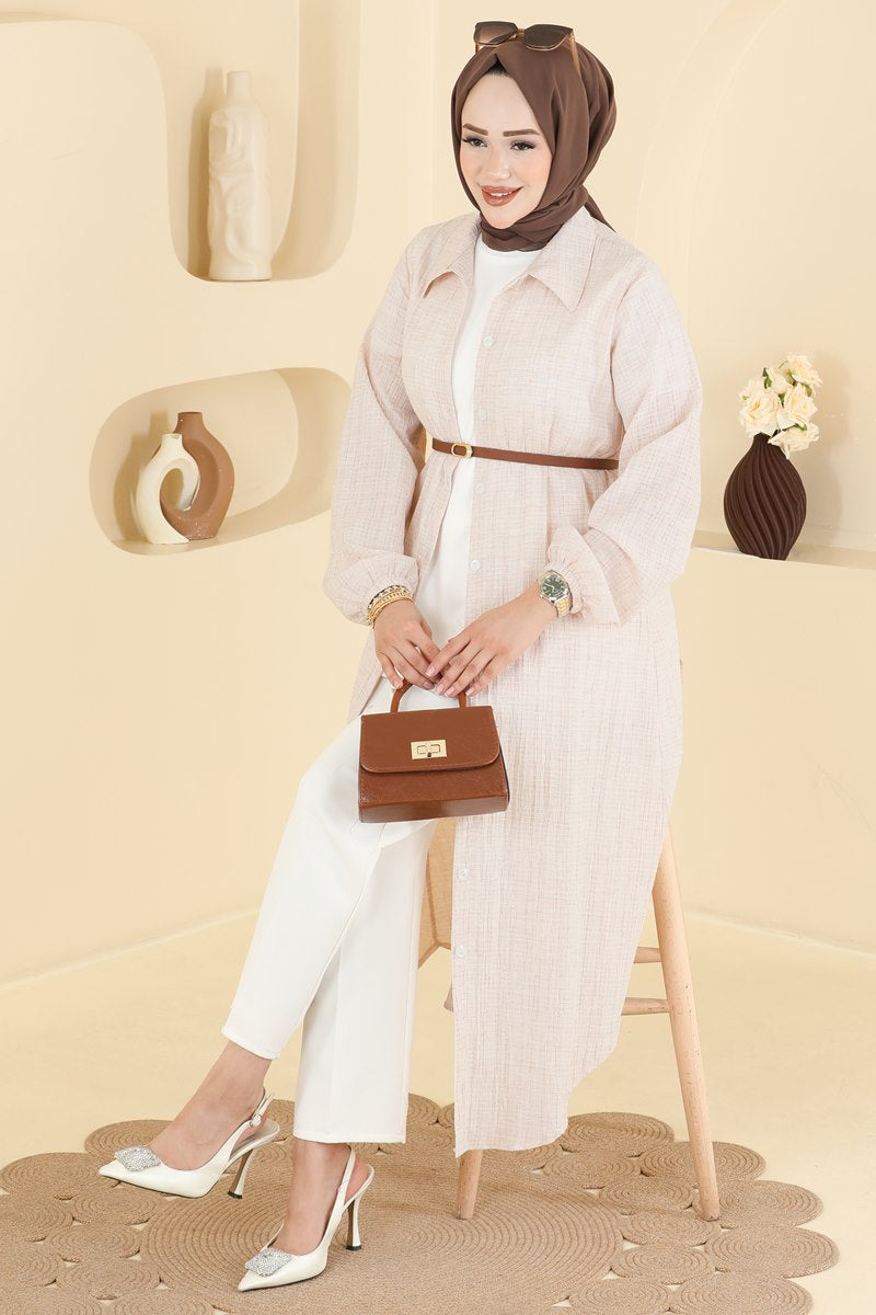 Waffle Button Tunic with Elastic Cuffs - Beige