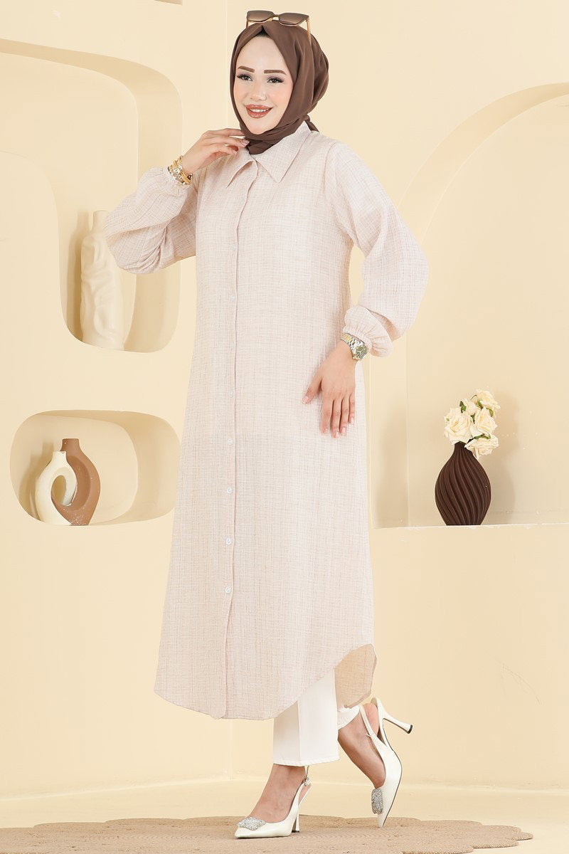 Waffle Button Tunic with Elastic Cuffs - Beige