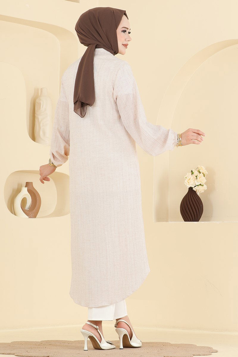 Waffle Button Tunic with Elastic Cuffs - Beige