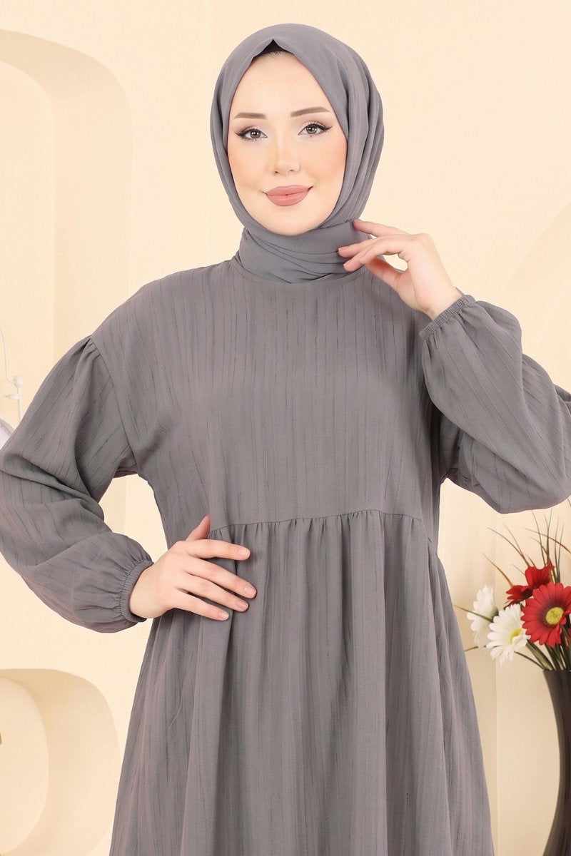 Crinkle Dress with Elastic Cuffs - Grey