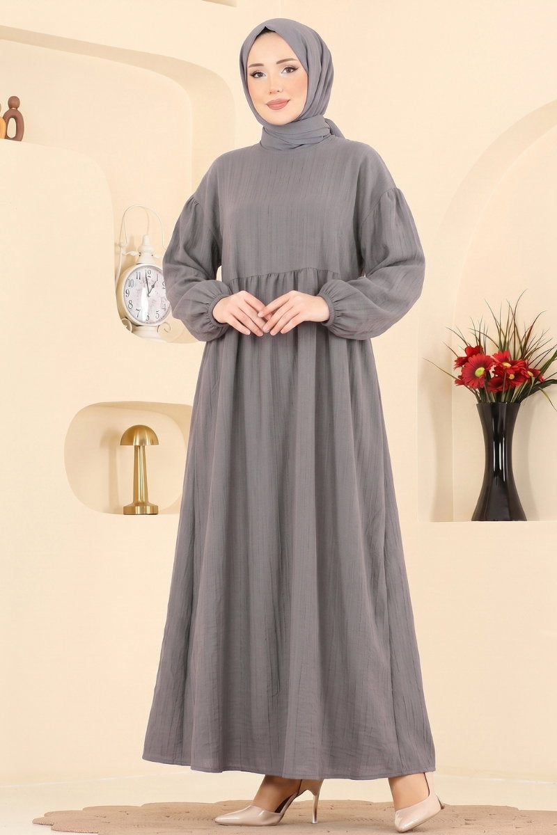 Crinkle Dress with Elastic Cuffs - Grey