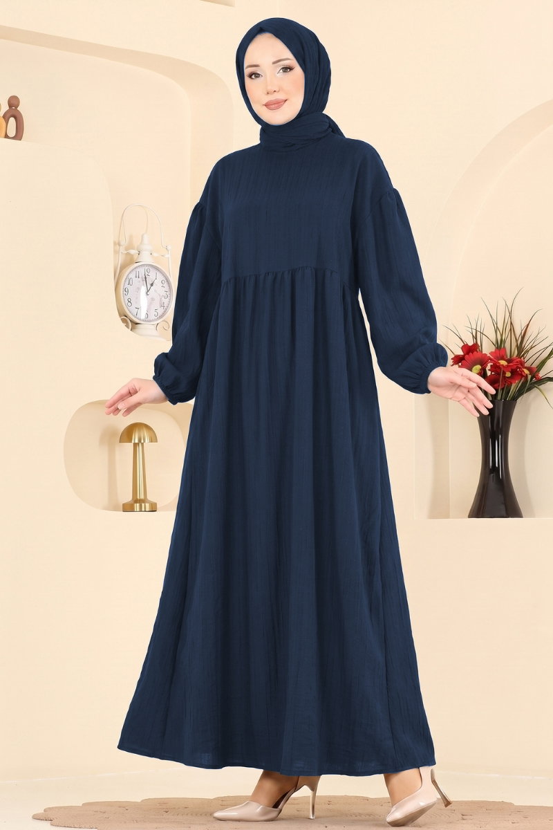 Crinkle Dress with Elastic Cuffs - Navy