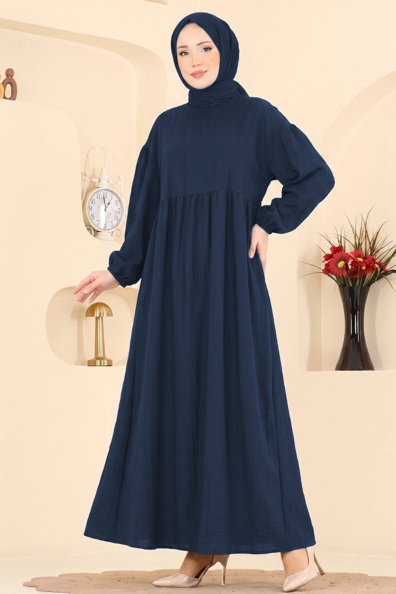 Crinkle Dress with Elastic Cuffs - Navy
