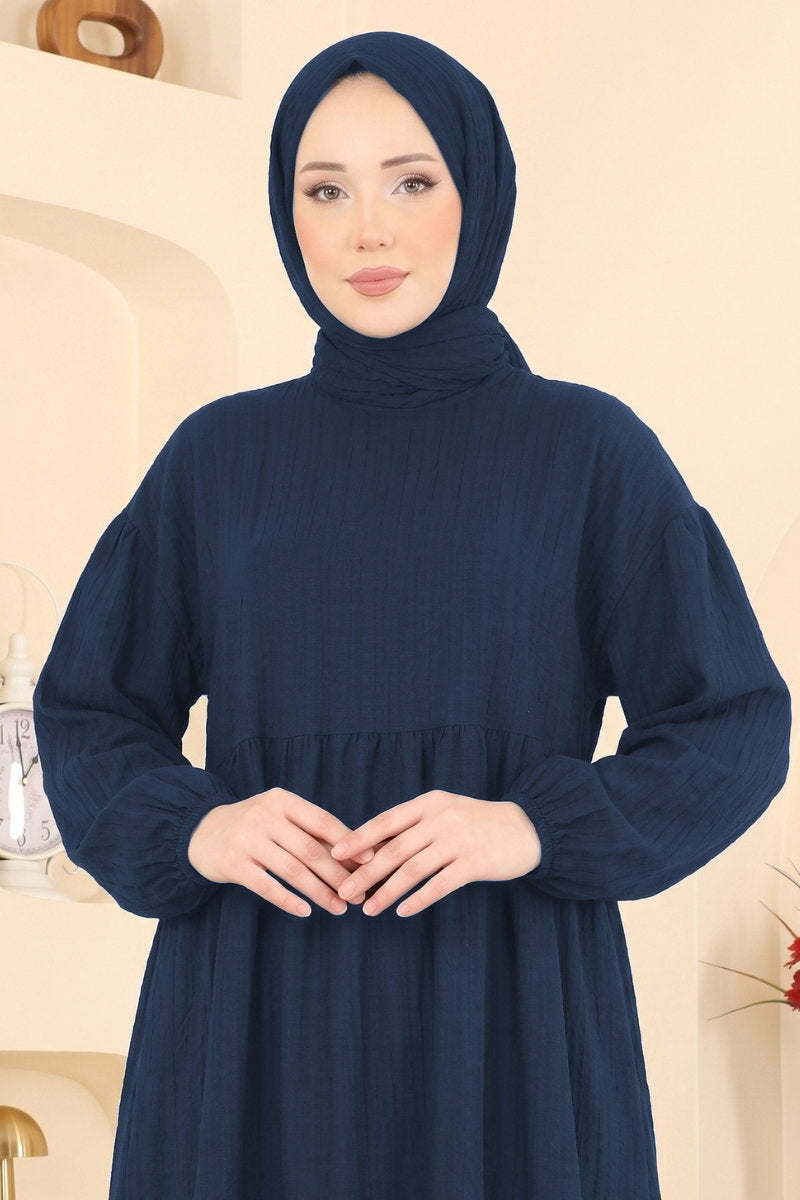 Crinkle Dress with Elastic Cuffs - Navy