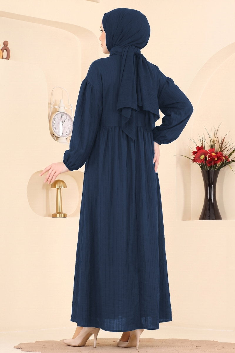 Crinkle Dress with Elastic Cuffs - Navy