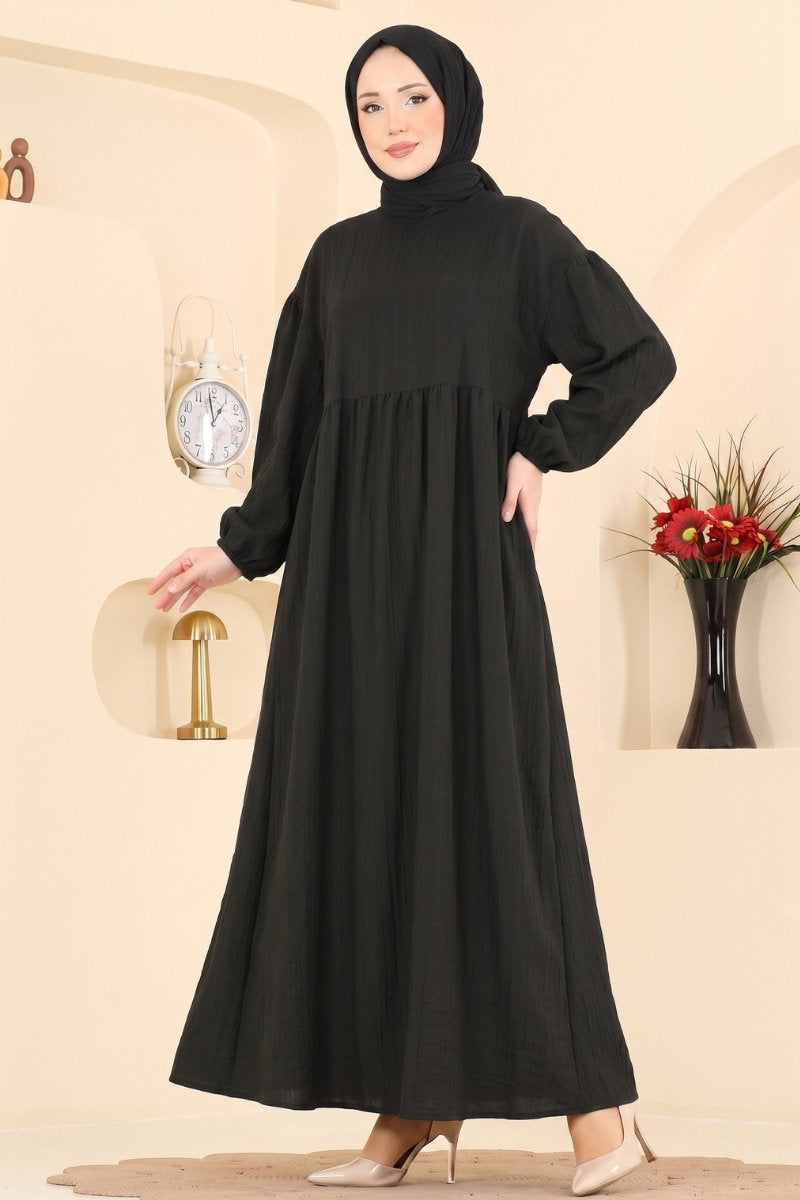 Crinkle Dress with Elastic Cuffs - Black