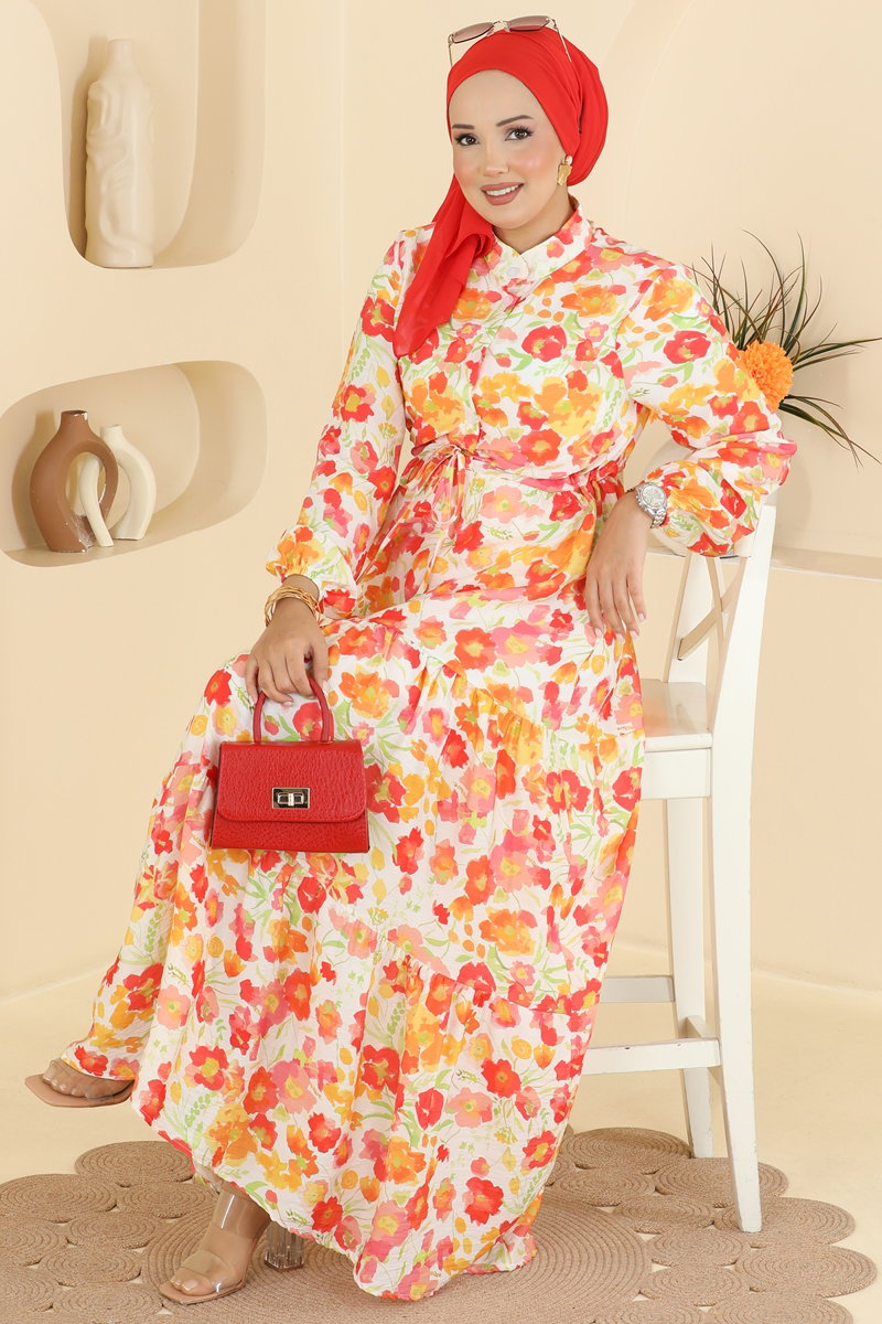 Belted Viscose Dress with Elastic Cuffs - Orange