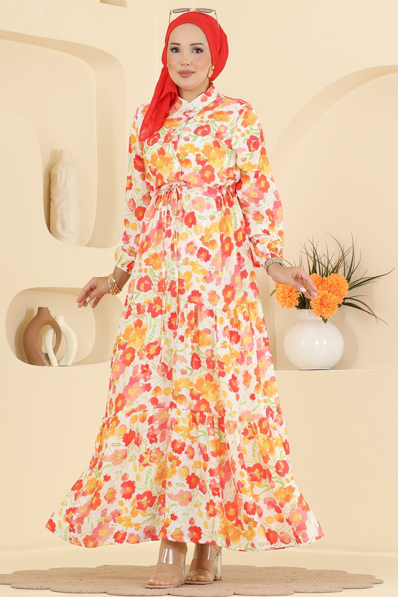 Belted Viscose Dress with Elastic Cuffs - Orange