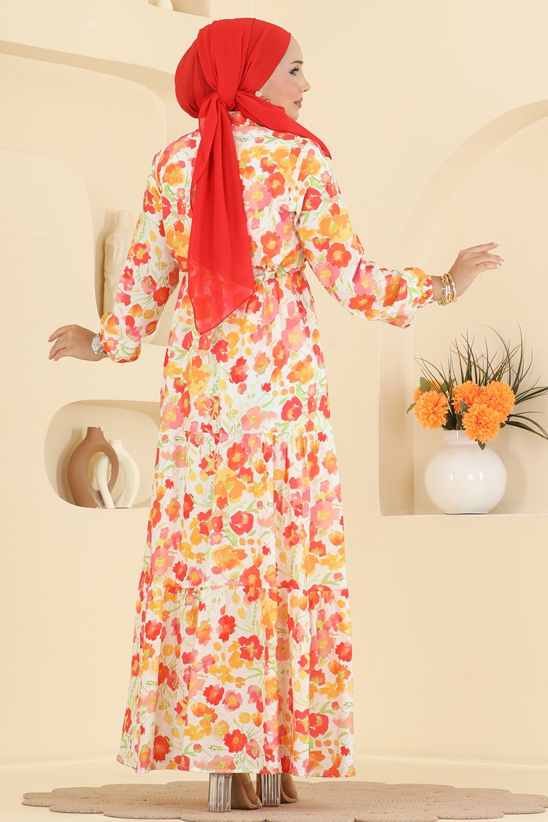 Belted Viscose Dress with Elastic Cuffs - Orange
