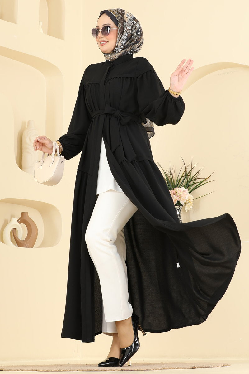 Belted Crepe Abaya Coat with Elastic Cuffs - Black