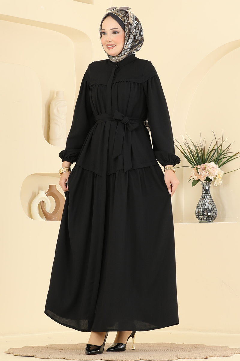 Belted Crepe Abaya Coat with Elastic Cuffs - Black