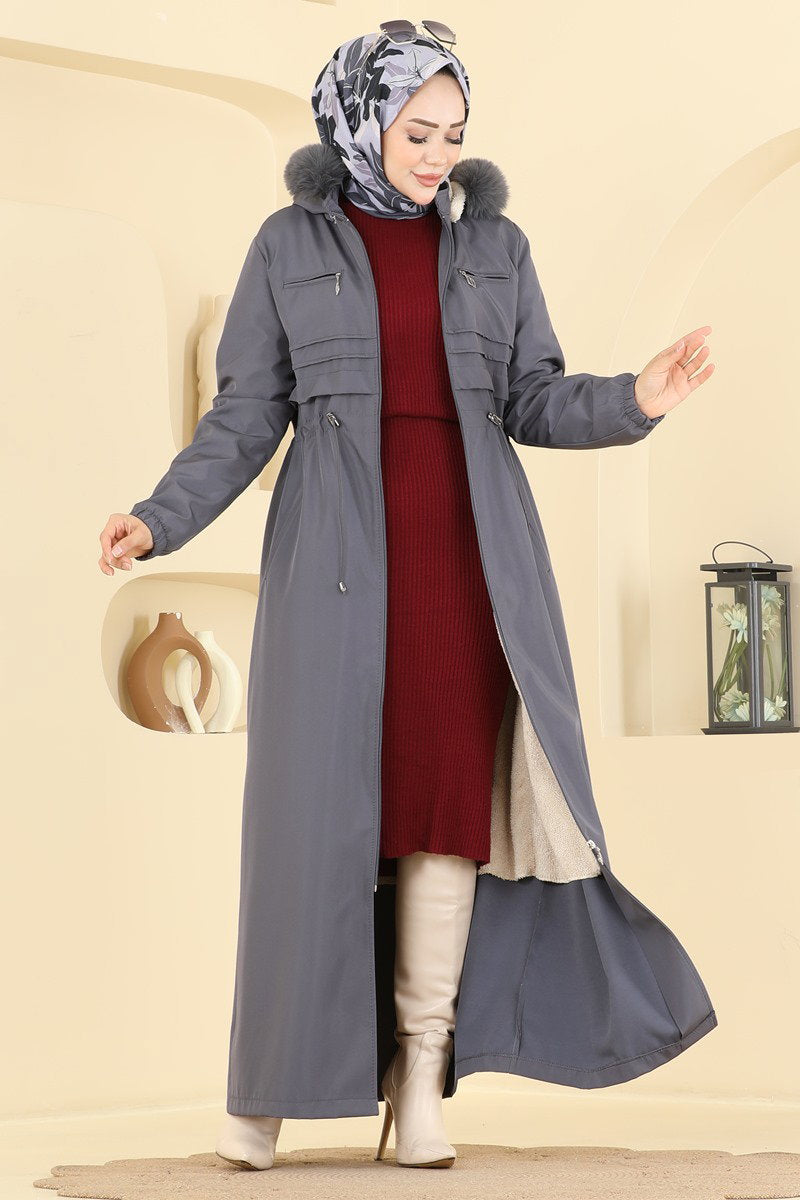 Fur-Trim Coat with Elastic Cuffs - Charcoal