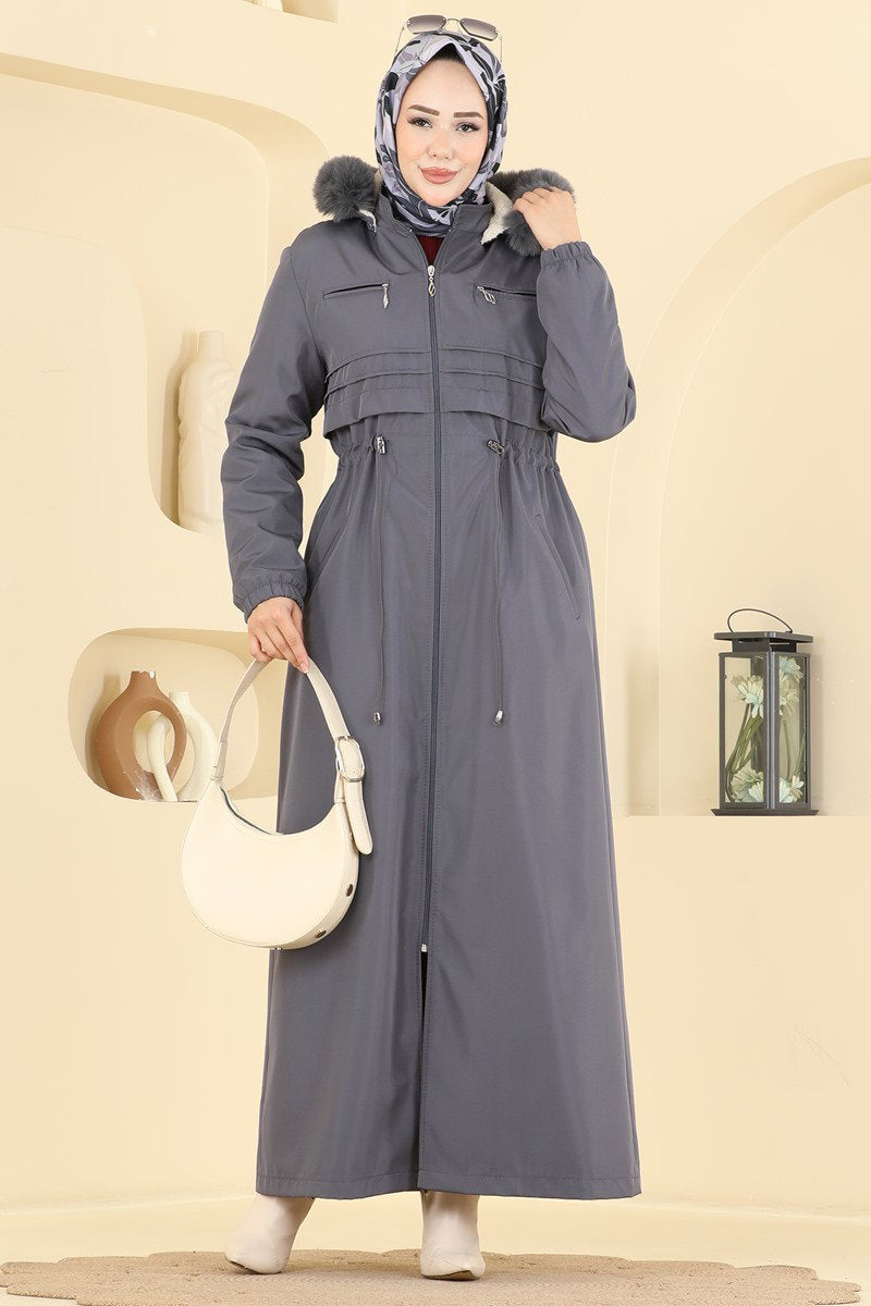 Fur-Trim Coat with Elastic Cuffs - Charcoal