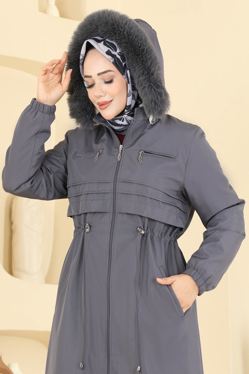 Fur-Trim Coat with Elastic Cuffs - Charcoal