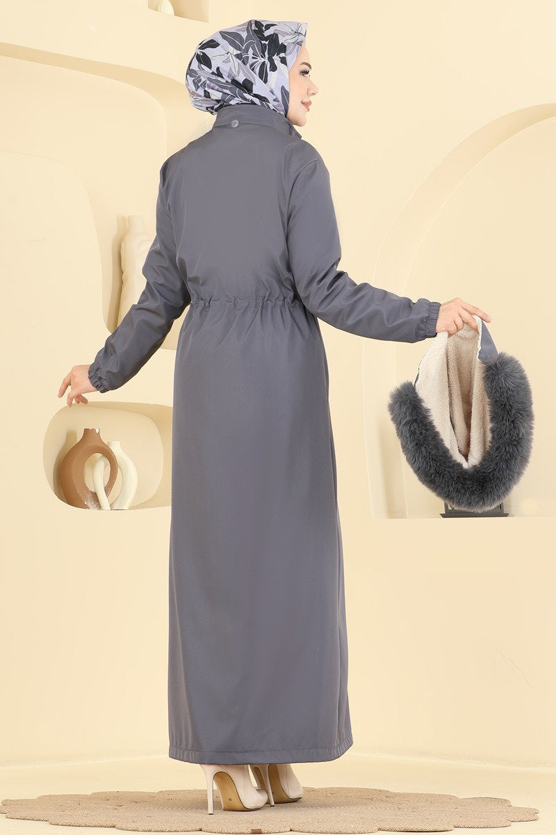 Fur-Trim Coat with Elastic Cuffs - Charcoal