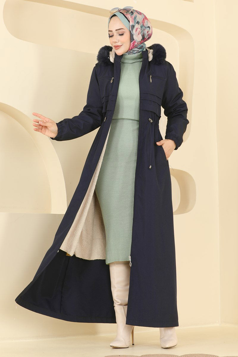 Fur-Trim Coat with Elastic Cuffs - Navy