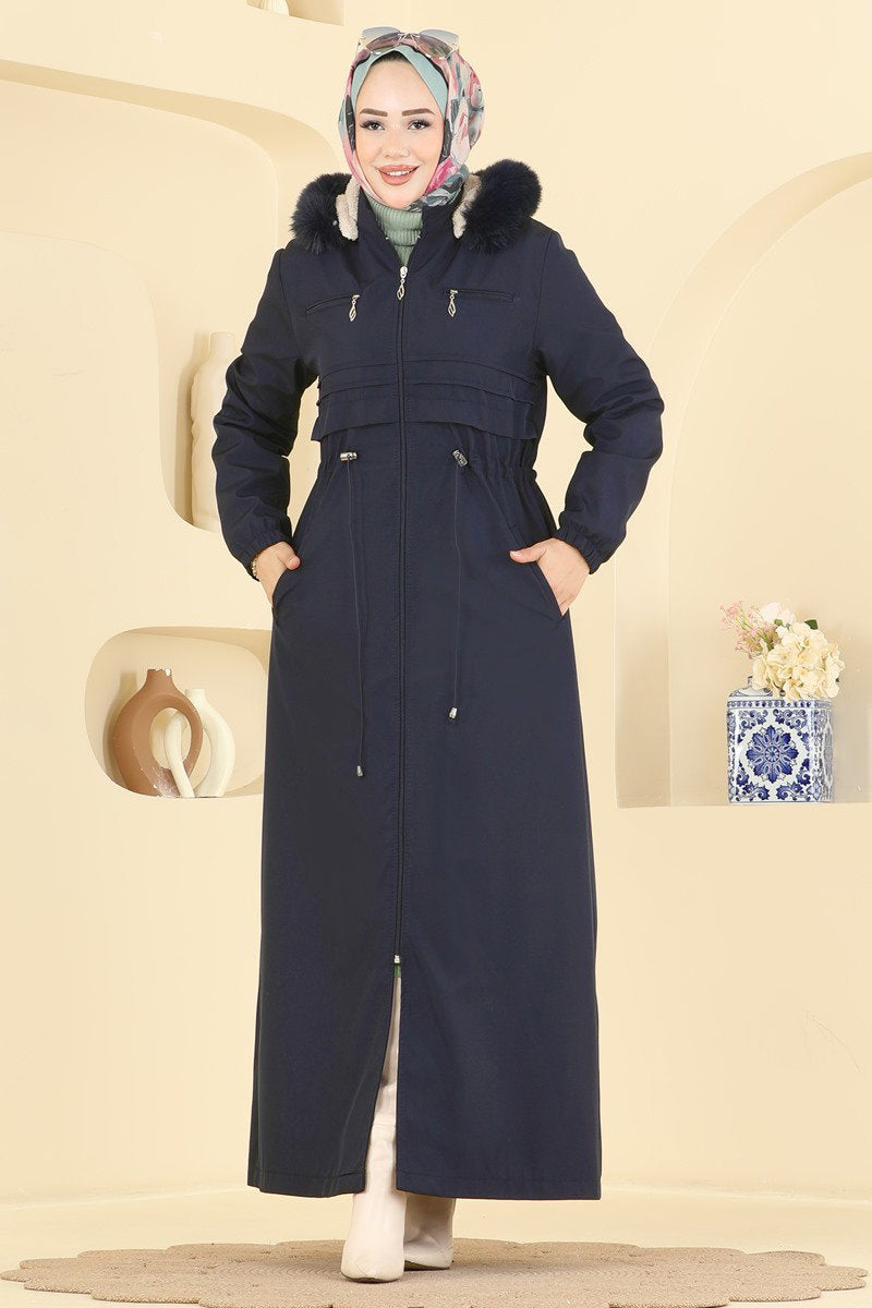 Fur-Trim Coat with Elastic Cuffs - Navy