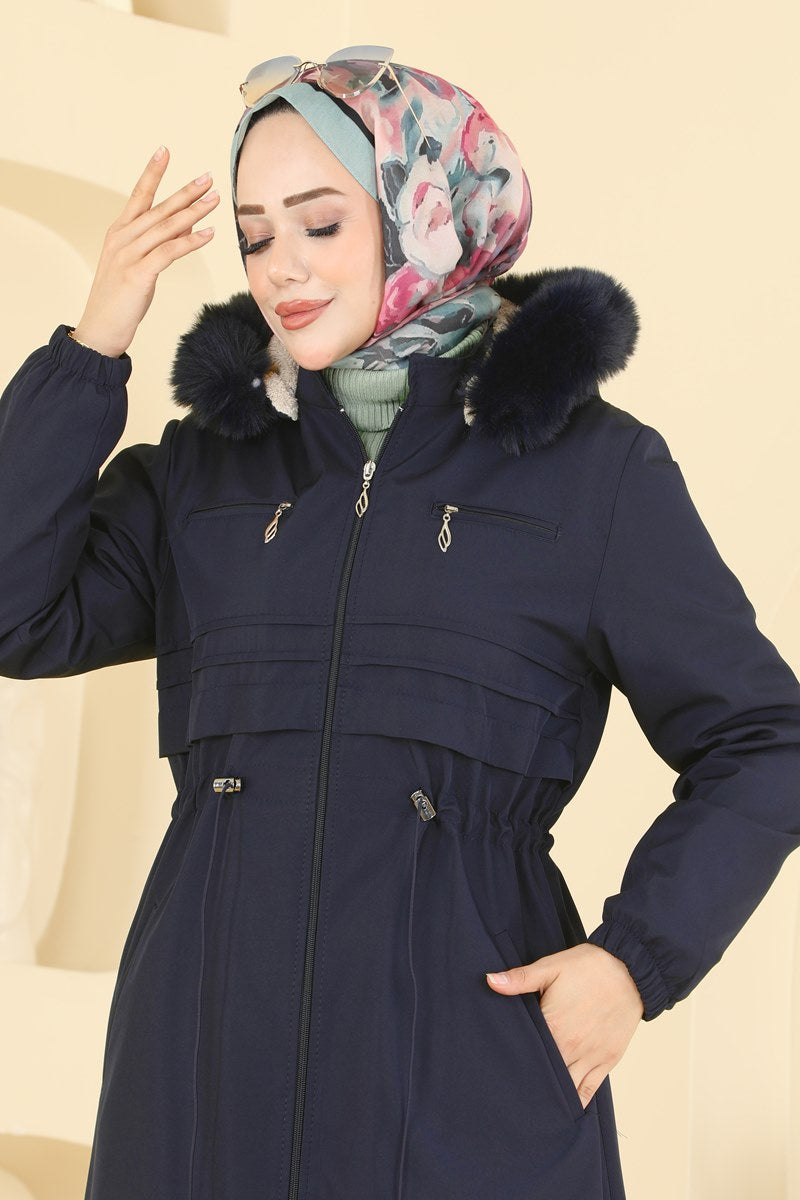 Fur-Trim Coat with Elastic Cuffs - Navy