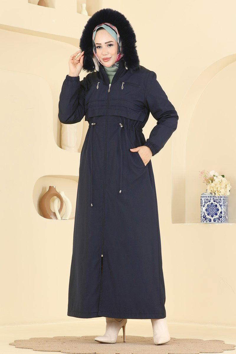 Fur-Trim Coat with Elastic Cuffs - Navy