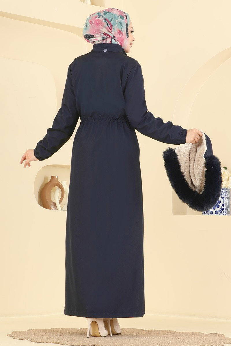 Fur-Trim Coat with Elastic Cuffs - Navy