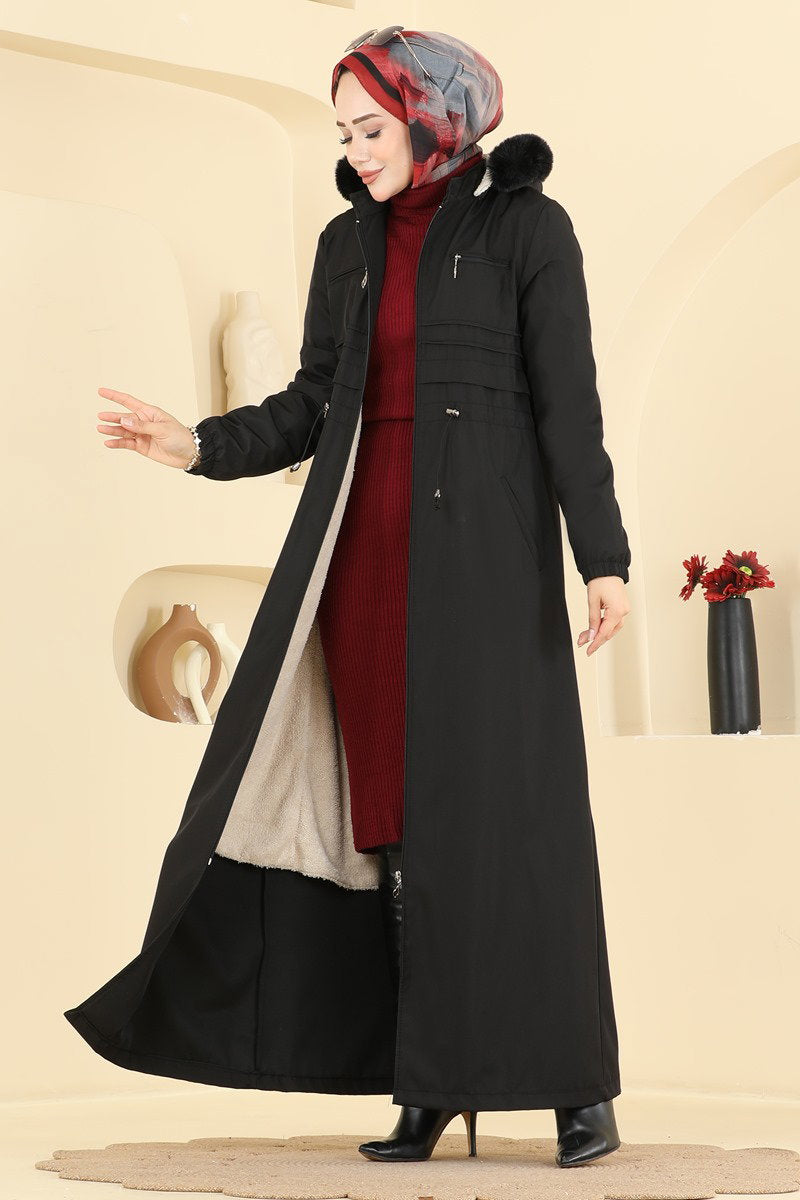 Fur-Trim Coat with Elastic Cuffs - Black