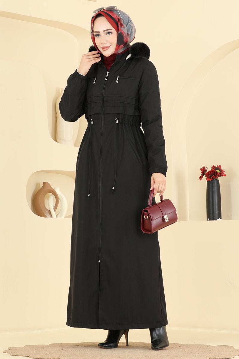 Fur-Trim Coat with Elastic Cuffs - Black