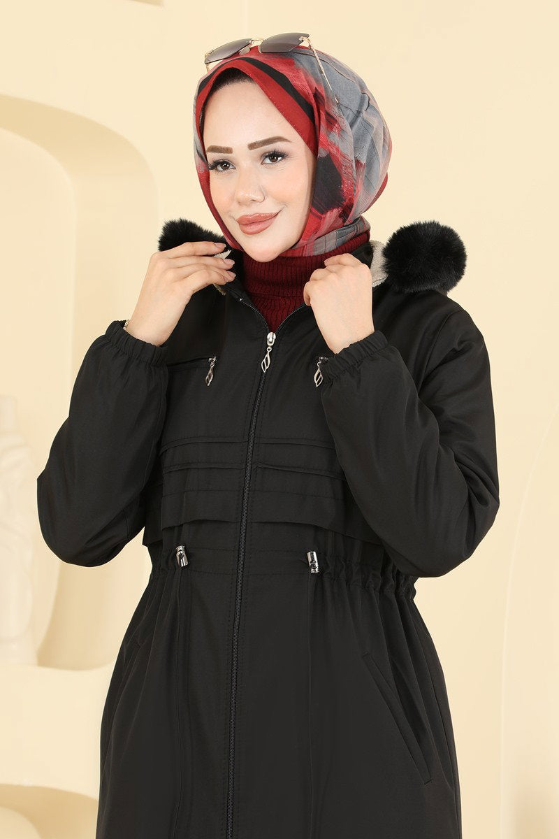 Fur-Trim Coat with Elastic Cuffs - Black