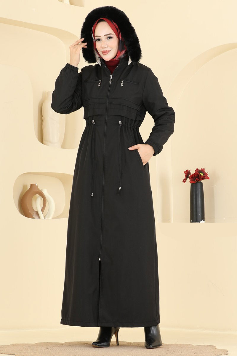 Fur-Trim Coat with Elastic Cuffs - Black