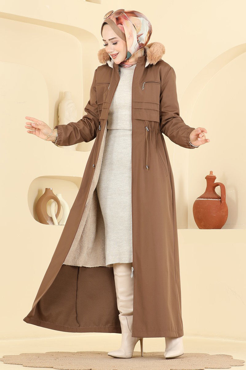 Fur-Trim Coat with Elastic Cuffs - Tan