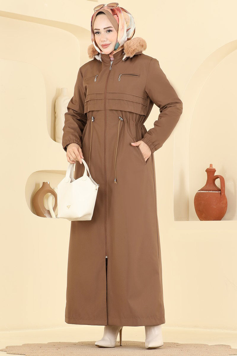 Fur-Trim Coat with Elastic Cuffs - Tan