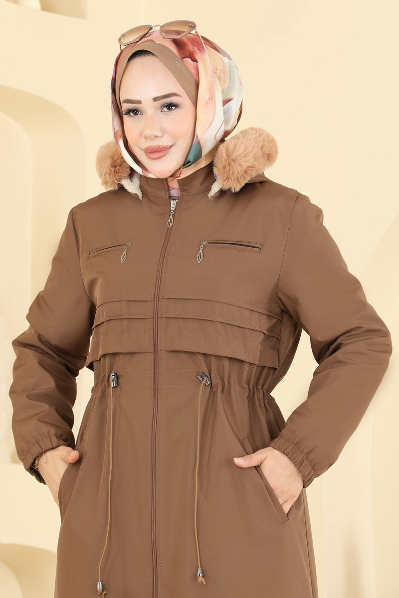 Fur-Trim Coat with Elastic Cuffs - Tan