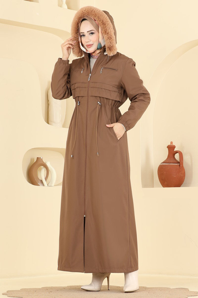 Fur-Trim Coat with Elastic Cuffs - Tan