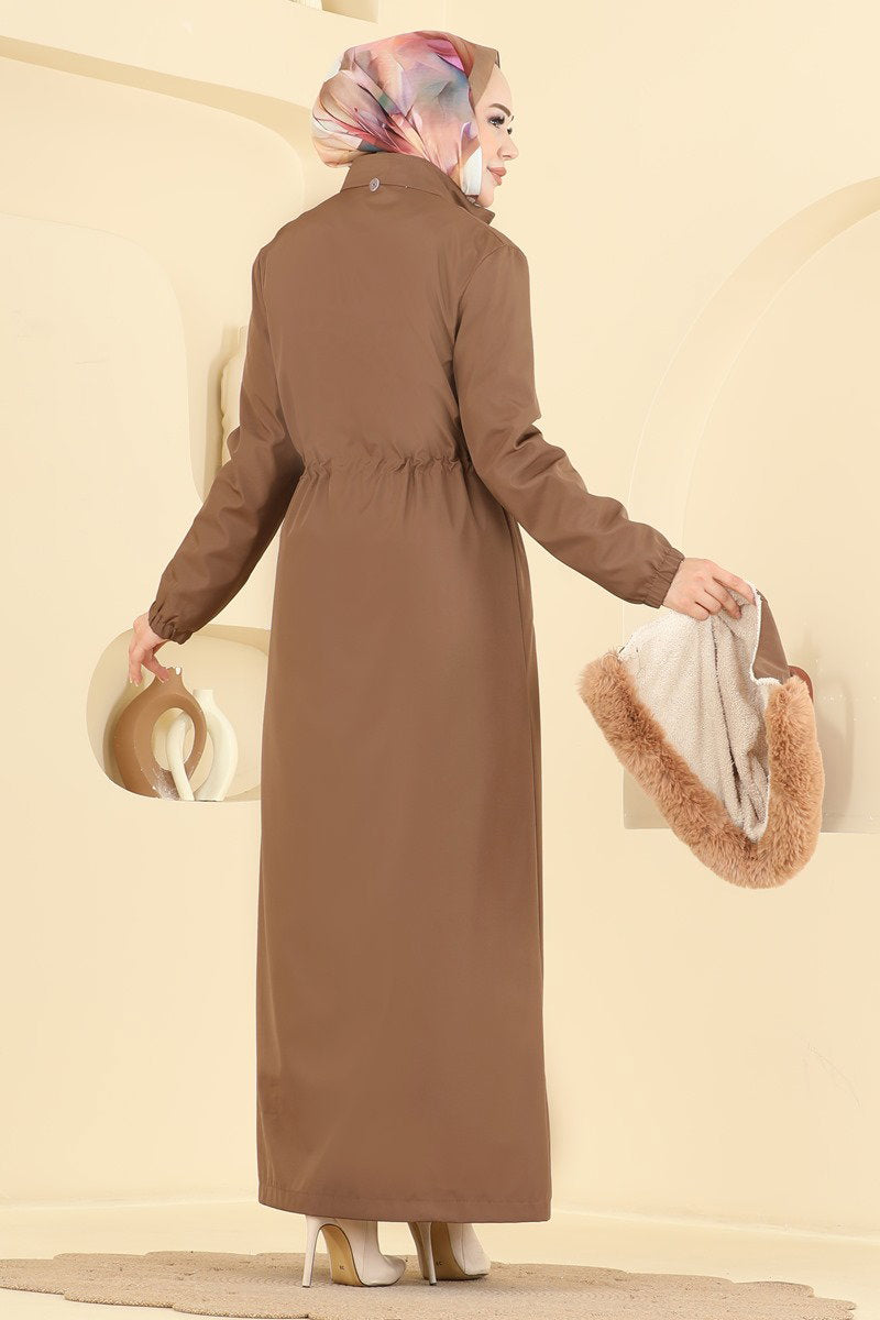 Fur-Trim Coat with Elastic Cuffs - Tan