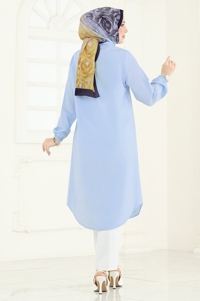 Poplin Tunic with Elastic Cuffs - Blue