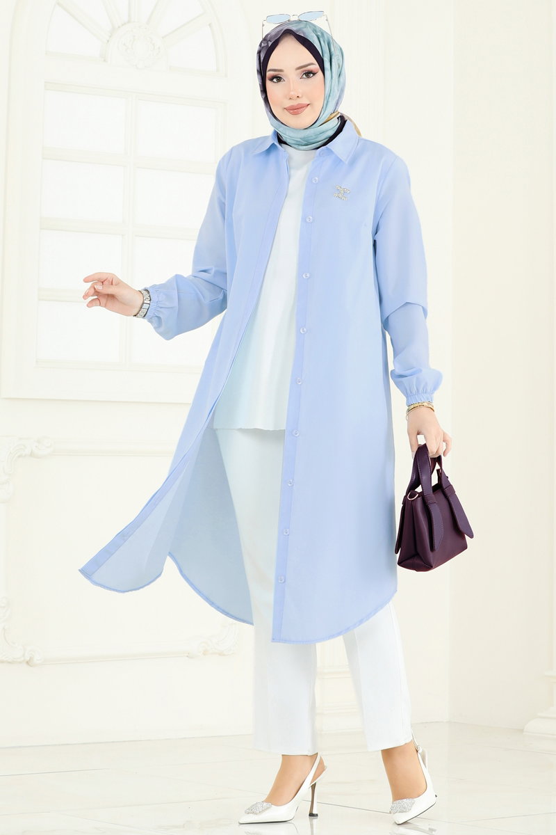 Poplin Tunic with Elastic Cuffs - Blue