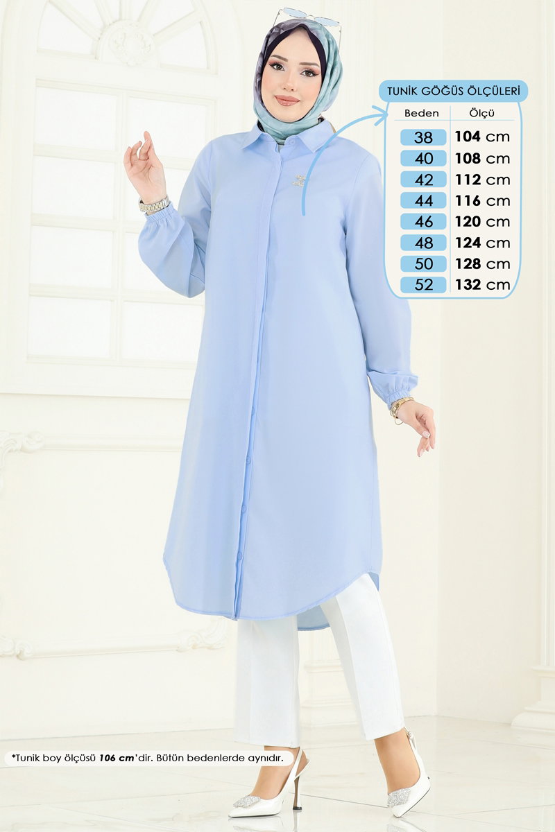 Poplin Tunic with Elastic Cuffs - Blue