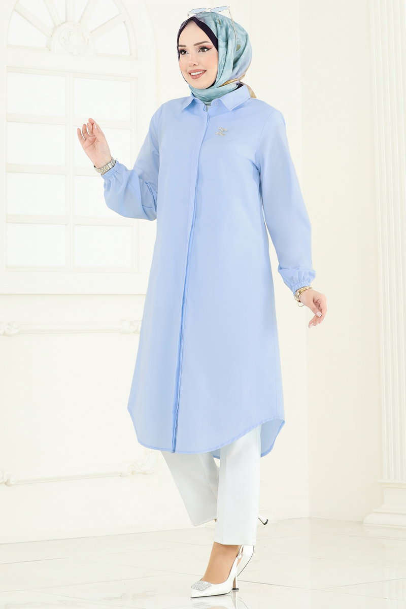 Poplin Tunic with Elastic Cuffs - Blue