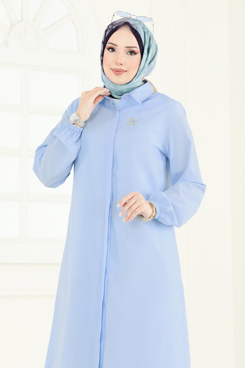 Poplin Tunic with Elastic Cuffs - Blue
