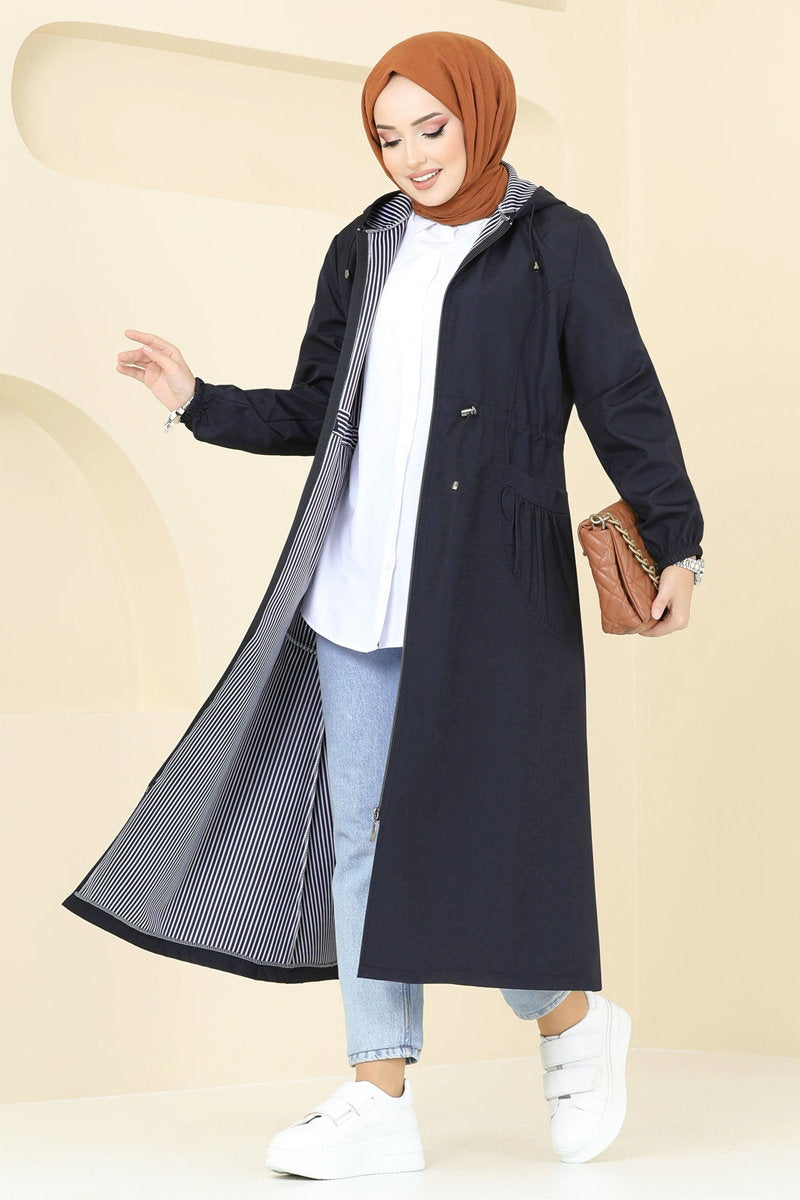 Trench Cape Coat with Elastic Cuffs - Navy