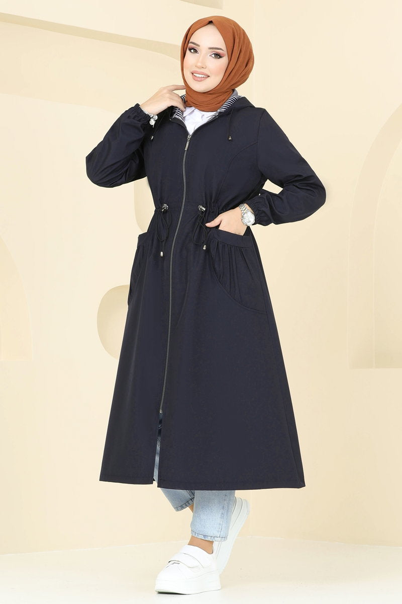 Trench Cape Coat with Elastic Cuffs - Navy