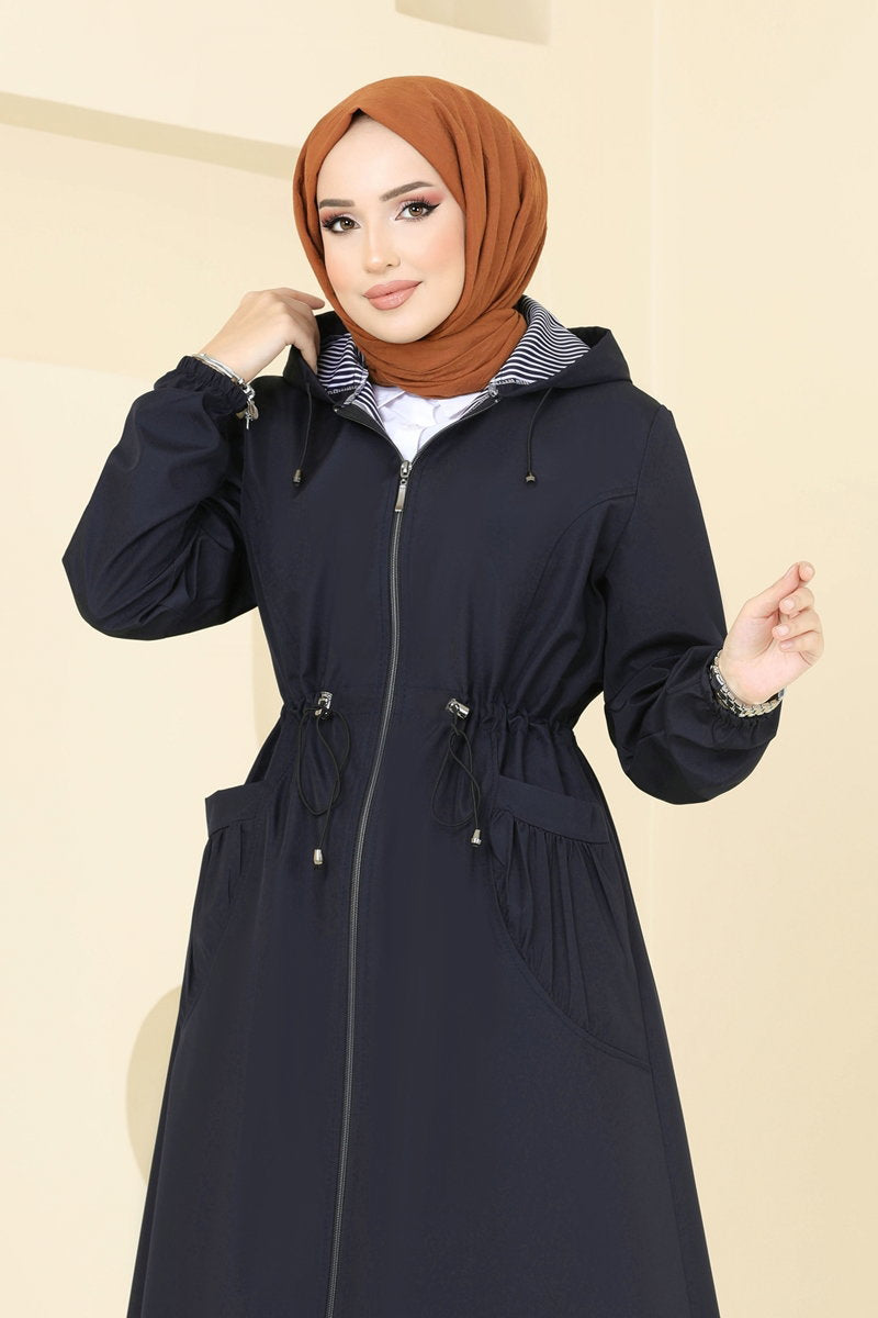 Trench Cape Coat with Elastic Cuffs - Navy