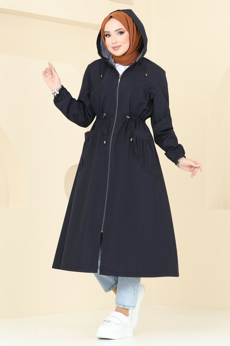 Trench Cape Coat with Elastic Cuffs - Navy