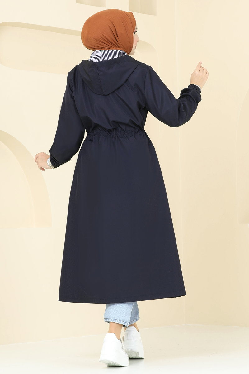 Trench Cape Coat with Elastic Cuffs - Navy