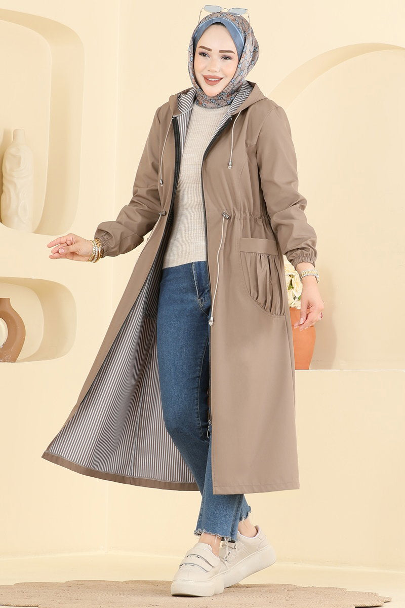 Trench Cape Coat with Elastic Cuffs - Mink