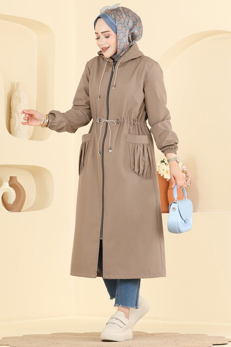 Trench Cape Coat with Elastic Cuffs - Mink