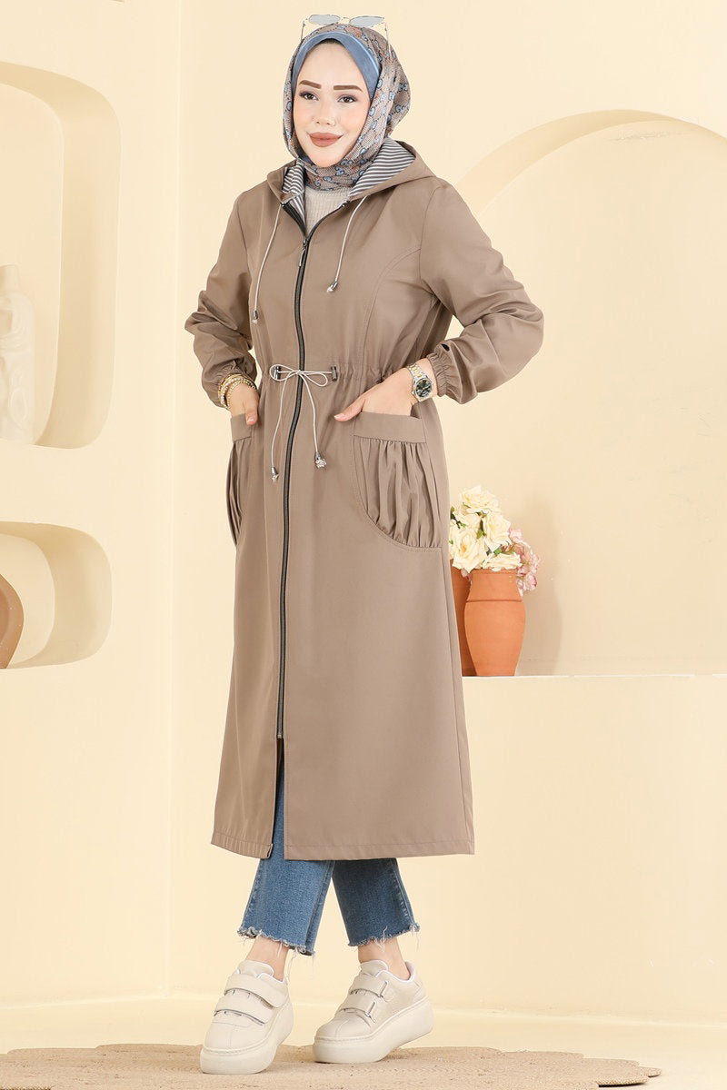 Trench Cape Coat with Elastic Cuffs - Mink