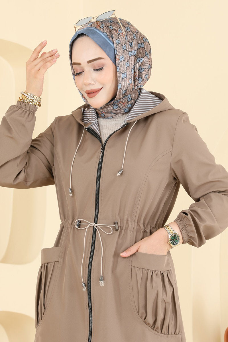 Trench Cape Coat with Elastic Cuffs - Mink