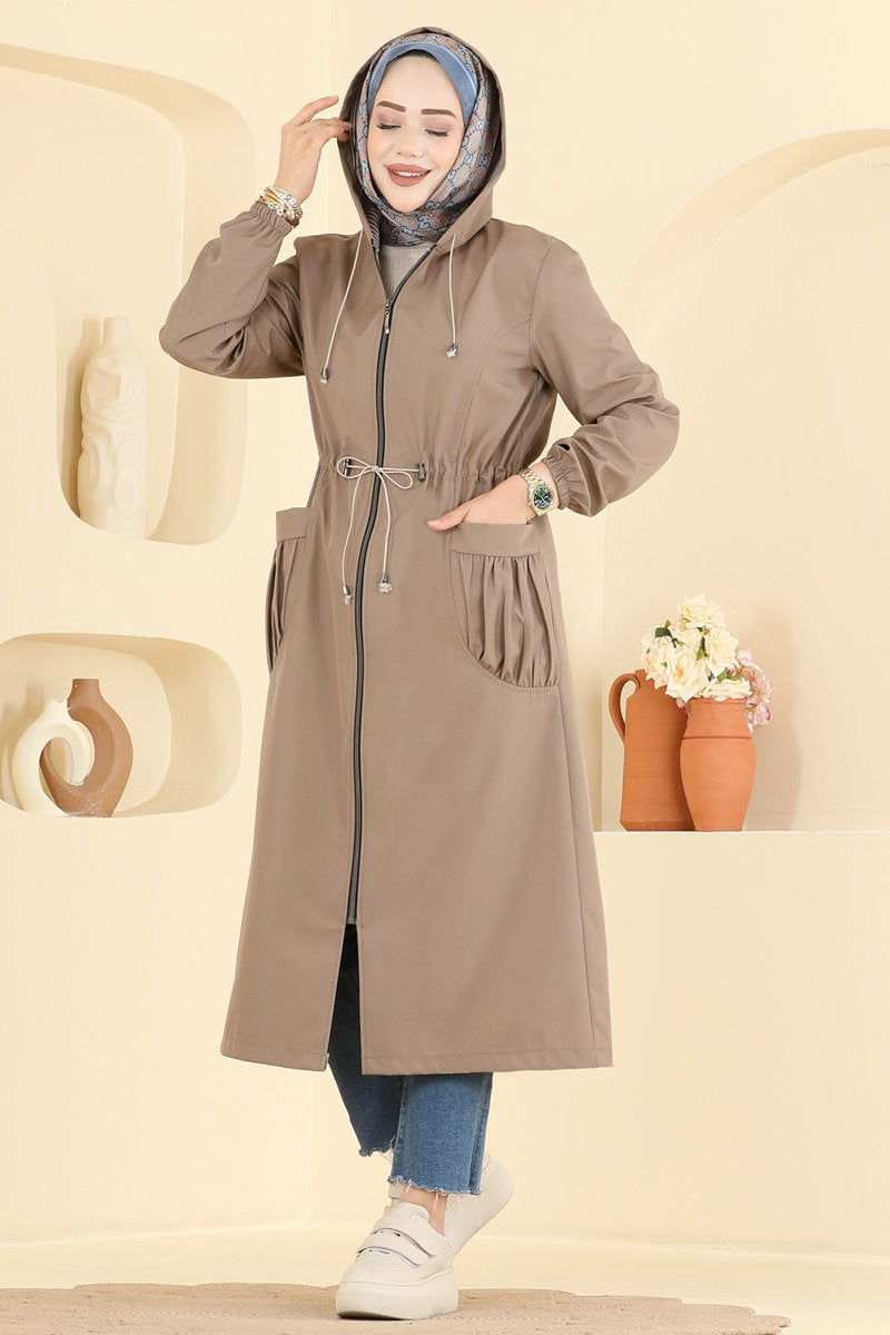 Trench Cape Coat with Elastic Cuffs - Mink