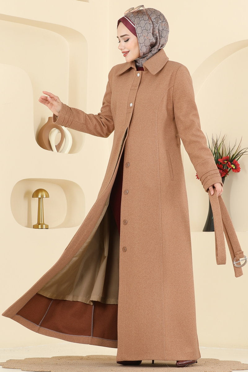 Felt Overcoat with Ribbed Cuffs - Tan