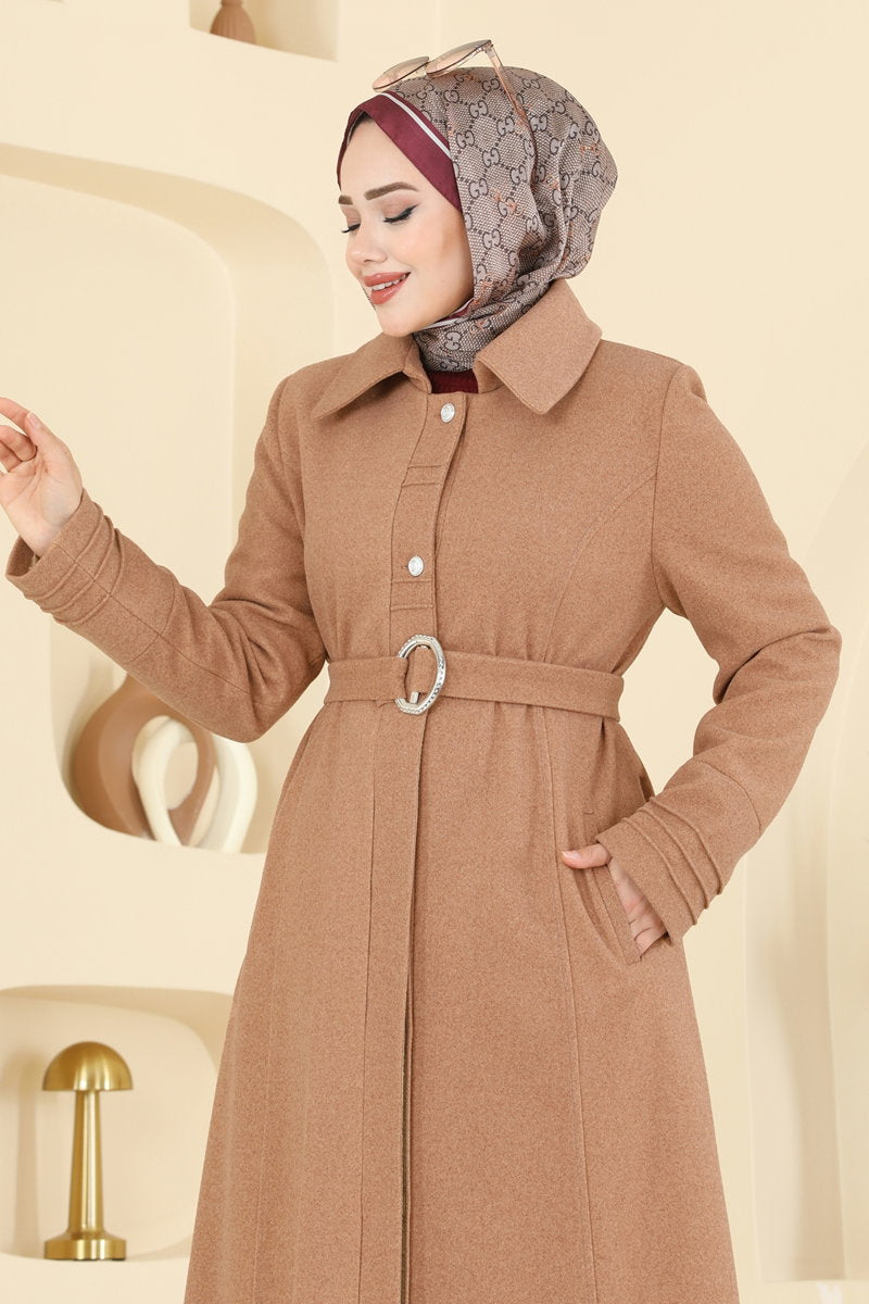Felt Overcoat with Ribbed Cuffs - Tan